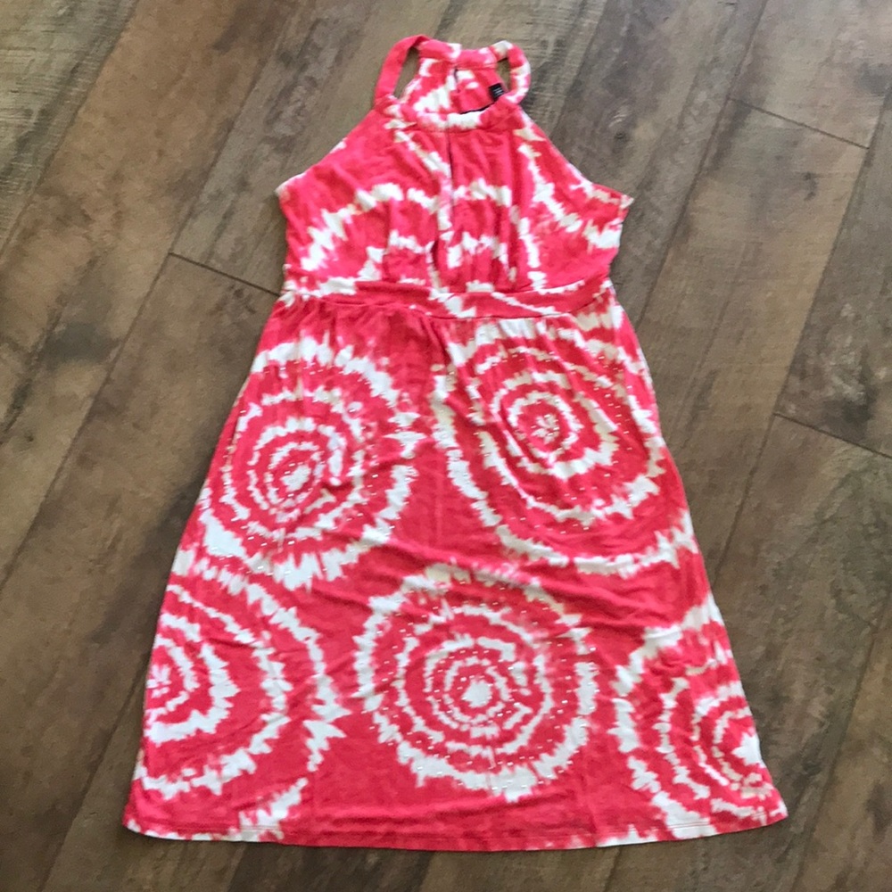 Bright pink tie die halter dress
